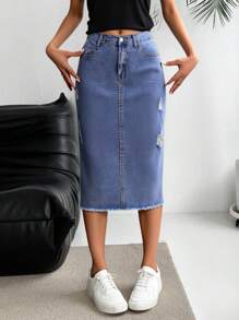 SHEIN Tween Girls Fashion Casual Y2k Vintage Cool Street Returns To School College Blue Denim Cut Out Ripped Frayed Perforated Design Stretch Tight Denim Skirt For Tween Girl Clothes Tween Girls Costume Dailywear And Tween Girl Winter And Fall Rave Outfits Festival And At Home Outfits Streetwear School Clothes