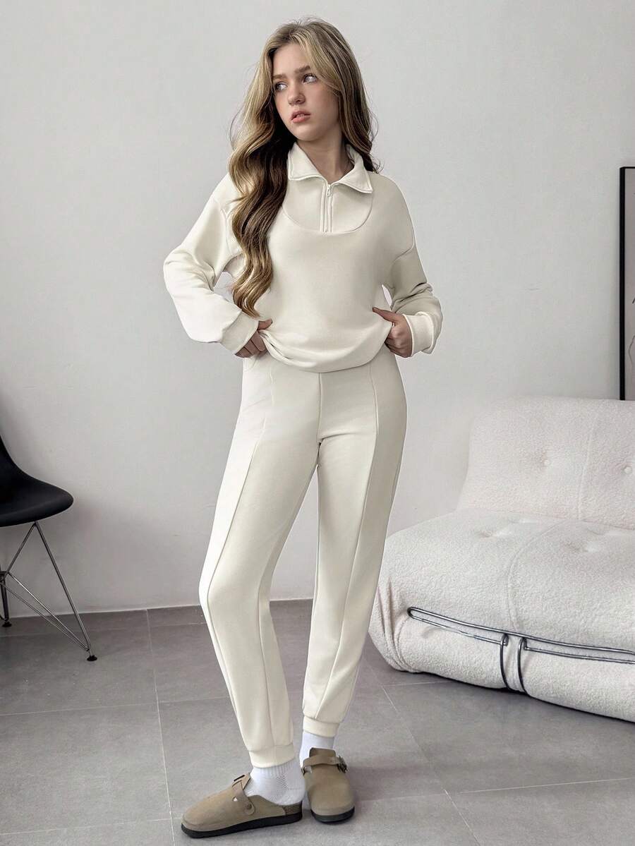 2pcs/Set Teen GirlSolid Color Casual Homewear, Stand Collar Turndown Collar Long Sleeve Sweatshirt + Pants Set, Autumn/Winter - Apricot - View 1
