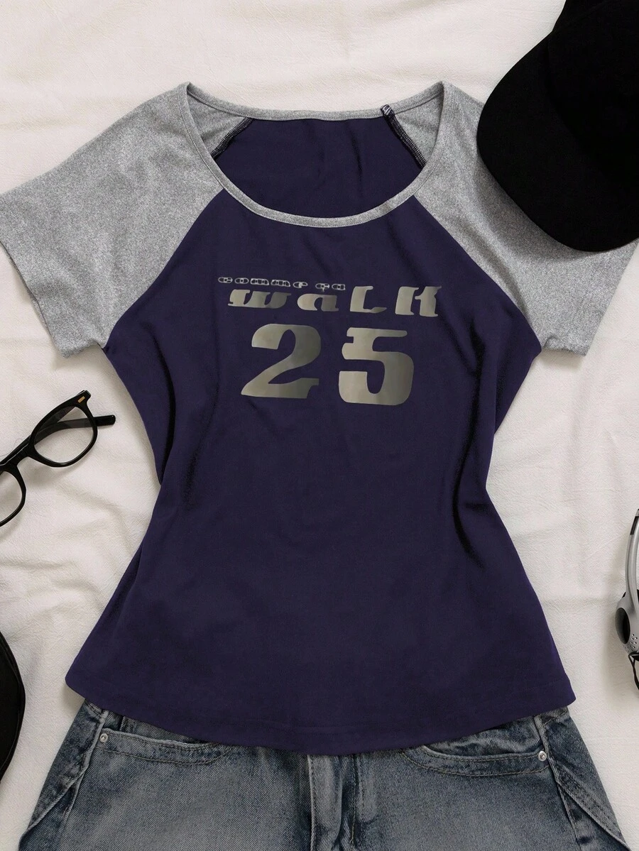 INAWLY Áo thun in chữ và số màu đơn giản mùa hè - Màu xanh hải quân - Xem 1