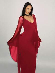 SHEIN ICON Fitted Mesh Exaggerated Batwing Sleeve Bodycon Dress Long Red Dress - Burgundy - View 4