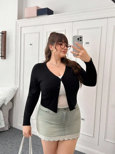 Solflare Áo khoác cardigan cài nút màu trơn cổ chữ V khoét sâu cỡ lớn, mùa thu/đông