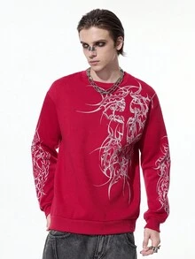 ROMWE MEN Goth Men's Thorn Print Long Sleeve Pullover Sweatshirt - Burgundy - View 5