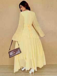 Vionelle Plus Size Women Elegant Romantic Solid Color Dress Fall Cloth For Women Chiffon Dresses For Women Modest Dress Lemon Dress Women Light Yellow Dress Women Pastel Yellow Dress - Yellow - View 2