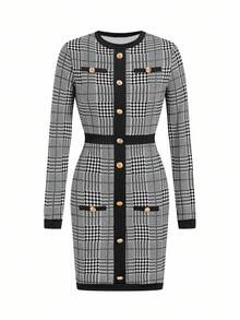 Ellevyn Váy ôm sát tay dài họa tiết kẻ caro thanh lịch dành cho nữ vào mùa đông, màu sắc tương phản, chi tiết nút, thích hợp mặc trong ngày lễ, trang phục công sở thường ngày cho nữ, trang phục giáo viên cho nữ, trang phục mùa thu cho nữ - Đen và trắng - Xem 8