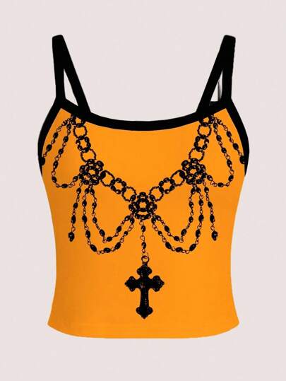 Studio Chunk Women's Fashion Cross Chain Print Camisole, Summer Chain Top Yellow Crop Top Goth Top Punk Tops Going Out Tops