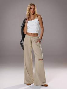 TRNVIE 1 pieza Pantalón deportivo casual con efecto desgastado color caqui para mujer, de talle bajo, adecuado para la temporada de vuelta al colegio, otoño