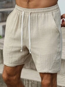 Manfinity Homme Plus Size Men's Solid Color Cotton Drawstring Waist Pocket Casual Shorts