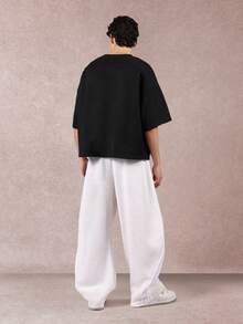 SUMWON 超宽腿运动裤，带侧边带，经典宽松版型，舒适冬季家居服，休闲街头风格，个性裤子 - 杏色 - 查看 5