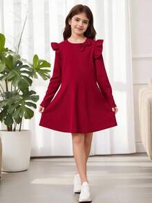 Tween Girl Ruffle Trim Bow Front Dress Without Bag, For Christmas - Burgundy - View 2