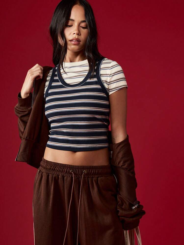 MISSGUIDED Double Layer Ribbed Tank Top Striped Pattern Form Fitting Crop Vest Layering Basic Essential Slim Fit Sleeveless Summer Top