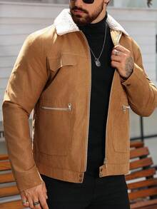 Manfinity Homme Men's Casual Brown Jacket With Sherpa Collar,Autumn Winter Contrast Color Light Shacket,Streetwear Work,White And Brown - Brown - View 3