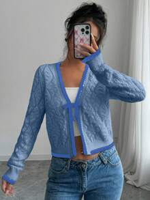 Selianne French Casual Versatile Diamond Textured Long Sleeve Pullover Knit - Blue - View 6