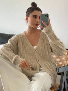 Women's Solid Color Drop Shoulder Long Sleeve Single-Breasted Casual Loose Cardigan, Autumn/Winter Jacket - Khaki - View 1