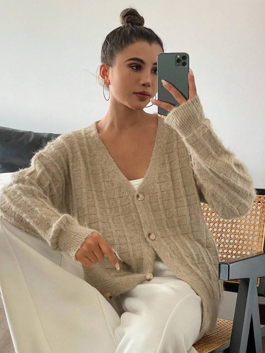 Women's Solid Color Drop Shoulder Long Sleeve Single-Breasted Casual Loose Cardigan, Autumn/Winter Jacket - Khaki - View 1