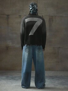 AXEPEAK Men's Casual Numeric Pattern Round Neck Drop Shoulder Long Sleeve Sweater, Autumn, For Fall Winter - Black - View 5