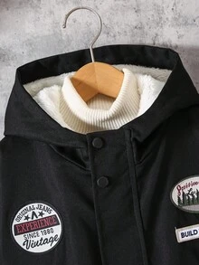 1pc Boys' Collegiate Style Chest Patch Black Jacket, Suitable For Autumn/Winter Outdoor Wear Fall