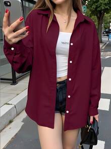 INAWLY 女士纯色单排扣休闲宽松长袖衬衫，秋季