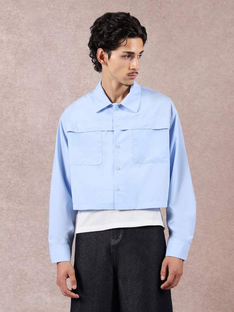 Cropped Button Down Shirt With Patch Pockets