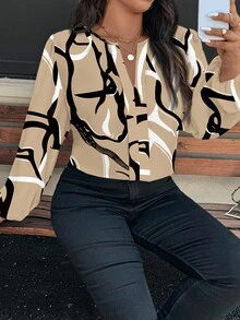SHEIN Clasi 優雅不對稱抽象條紋印花大尺碼襯衫，送給老師的禮物，時尚女式襯衫，秋冬季 2026 秋季時尚 - 彩色 - 查看 4