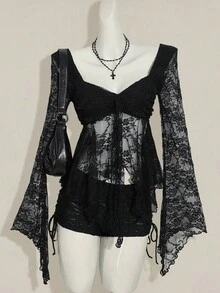 SHEIN ICON 女式甜心领喇叭袖蕾丝时尚上衣 - 黑色 - 查看 3