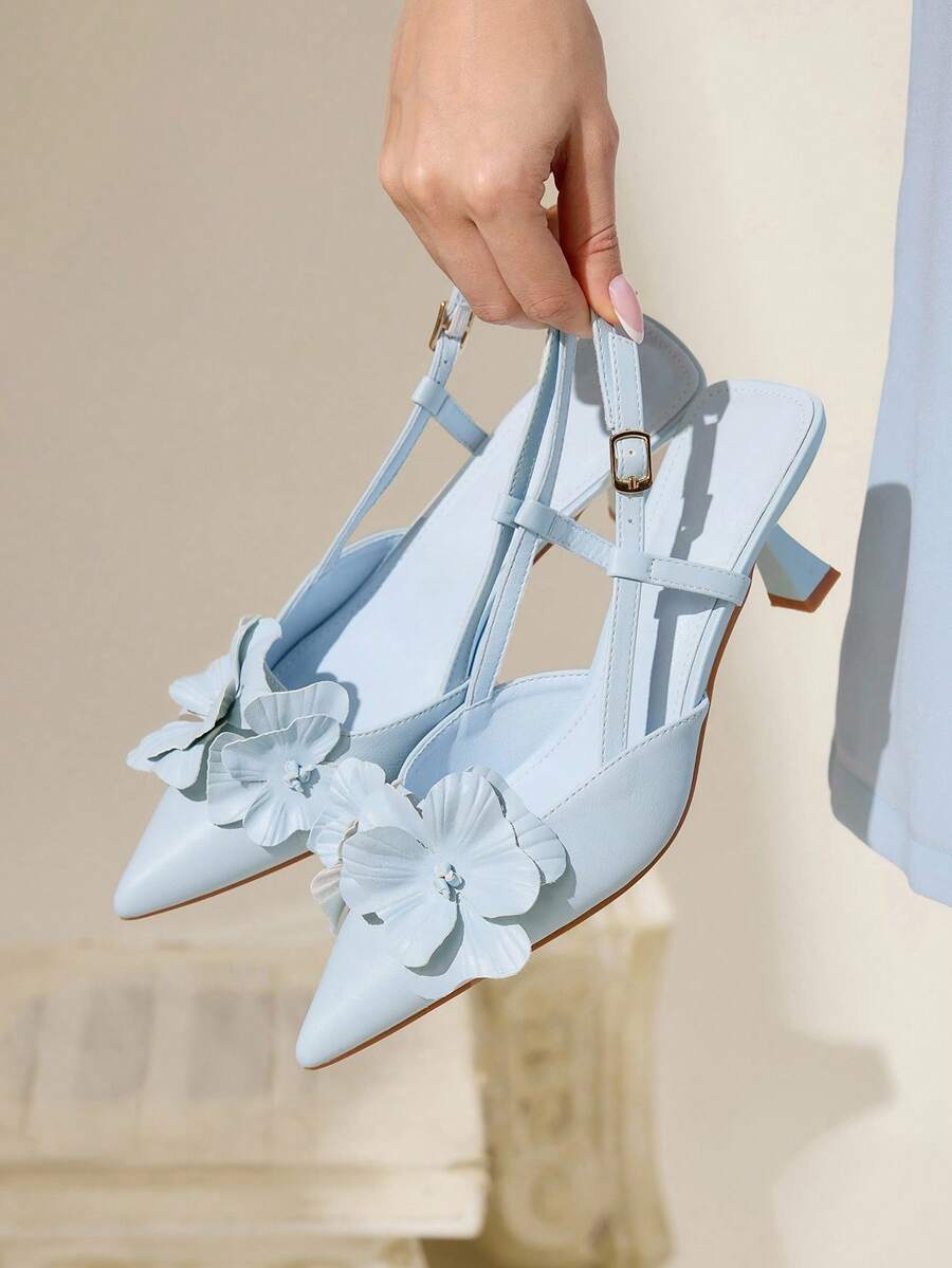 CUCCOO CHICEST Women's Pointed Toe Pumps With 3D Floral Decor, Stiletto Heel, Romantic & Elegant, Baby Blue Faux Leather, Suitable For Dates, Parties, Afternoon Tea, Autumn/Winter For Christmas Elegant Shoes Wedding Shoes - Baby Blue - View 1