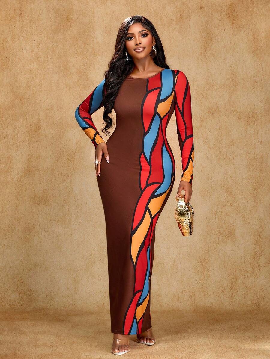 Brilight 1女士修身几何图案印花长袖连衣裙 - 彩色 - 查看 1