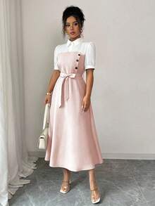 Elenzga 女士优雅浪漫度假和办公室通勤拼色衬衫领中长连衣裙 - 粉色 - 查看 4