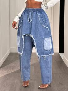 Slaydiva Women's Elastic Waist Frayed Hem Loose Harem Casual Jeans Baggy Jeans Y2k Oversized Jeans Frayed Jeans Patchwork Jeans Loose Jeans Distressed Jeans Ripped Jeans Denim Pants - Light Wash - View 4