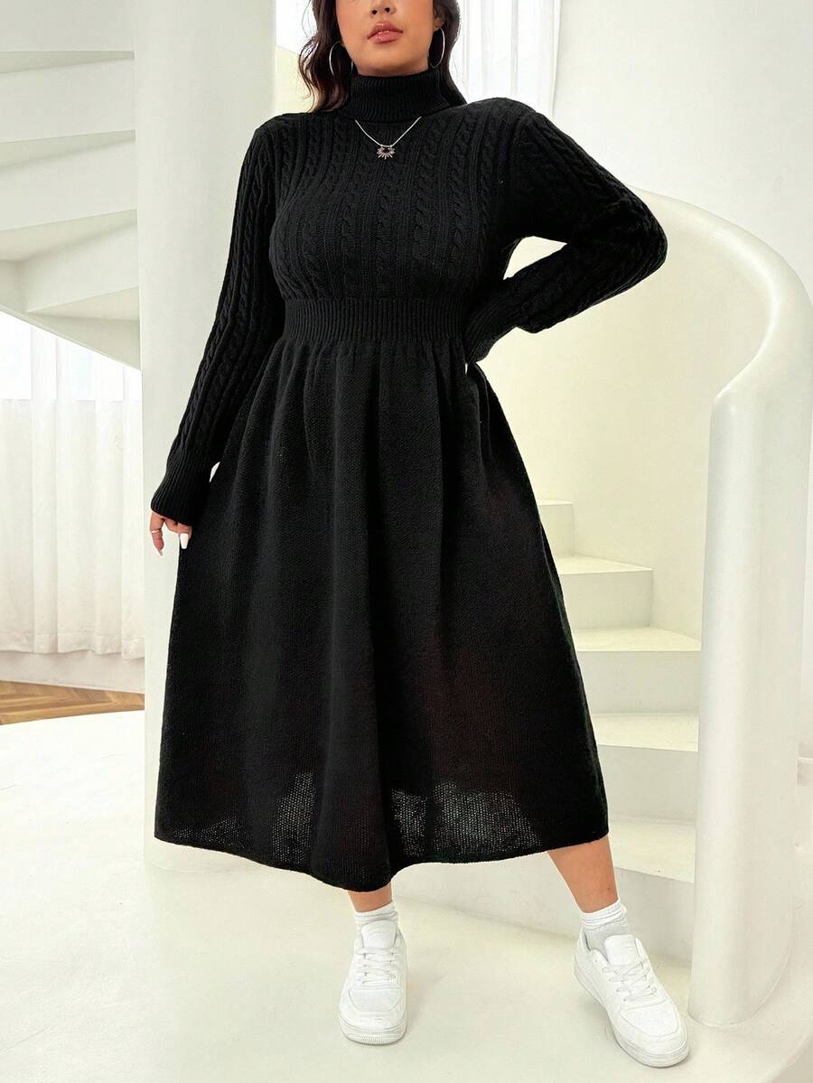 SHEIN EZwear Plus Size Solid Color Minimalist Everyday Turtleneck Long Sleeve Pullover Sweater/Winter - Black - View 1