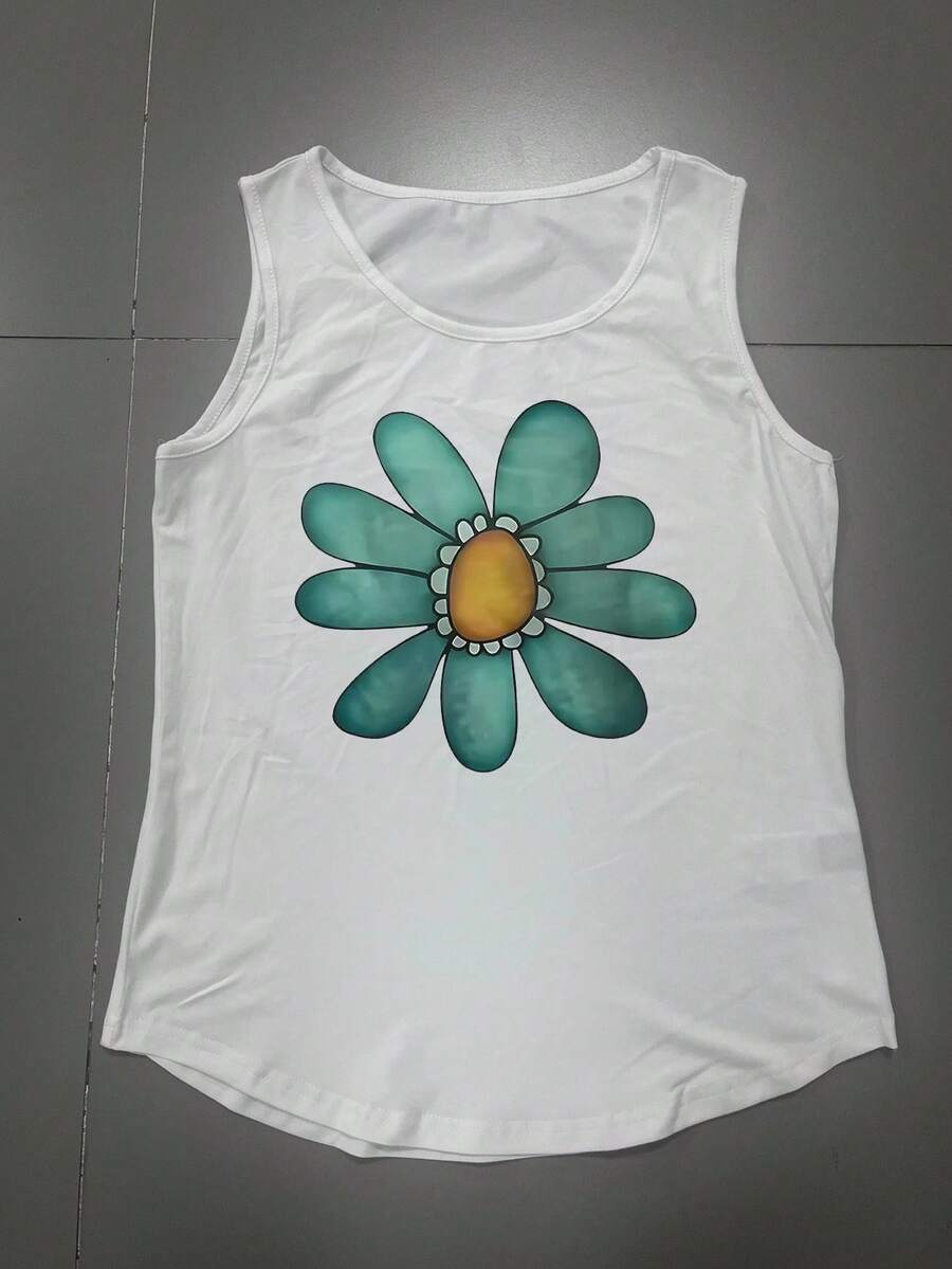女士向日葵印花休闲时尚无袖背心 - 白色 - 查看 1