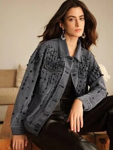 Anewsta Vintage Style Diamond Embellished Black Denim Jacket For Women - Black - View 3