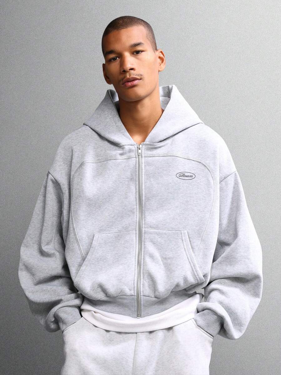 SUMWON 带中央口袋的短款全拉链连帽衫 - 灰色 - 查看 1