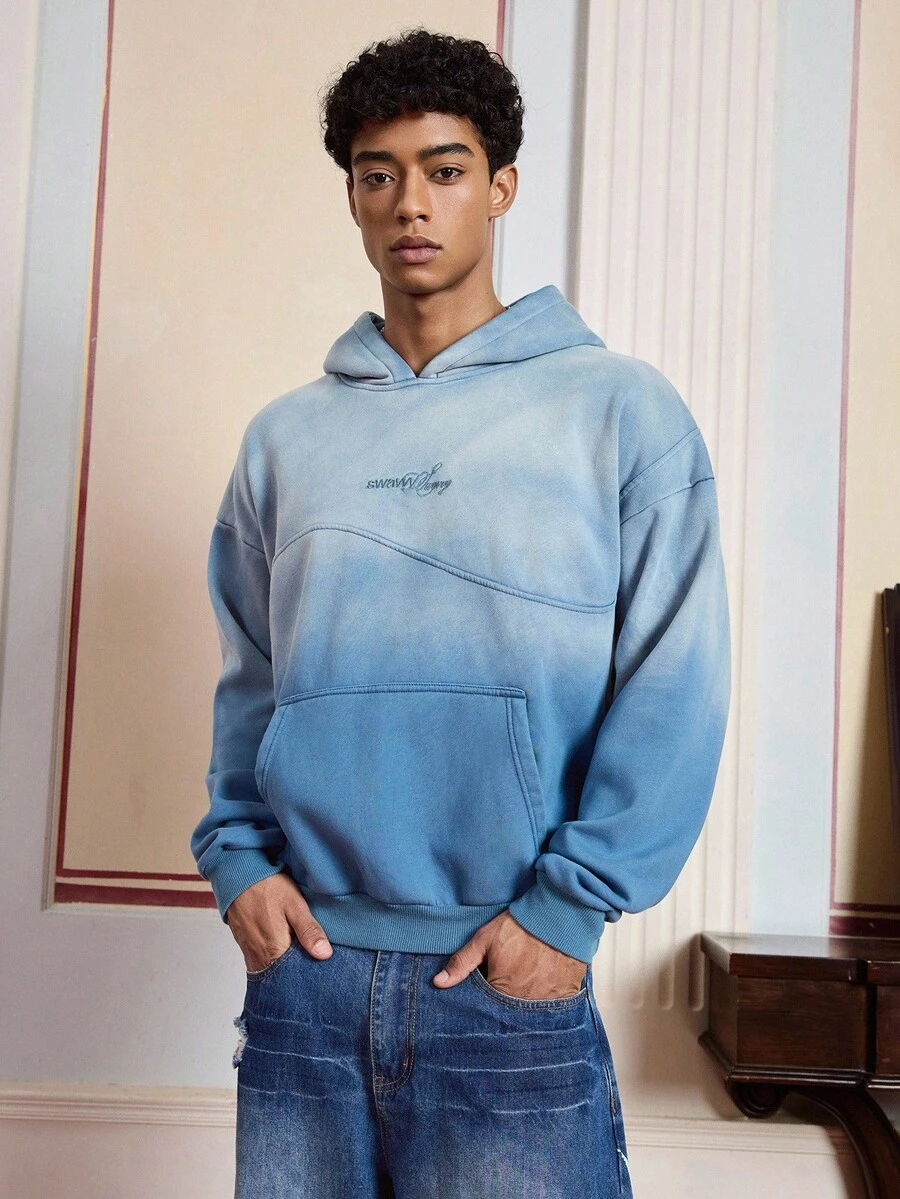SWAVVY Men's Loose Fit Thermal Lined Long Sleeve Gradient Embroidered Hoodie Sweatshirt, Vintage Y2K Baggy Streetwear, For Fall Winter, Holiday - Blue - View 1