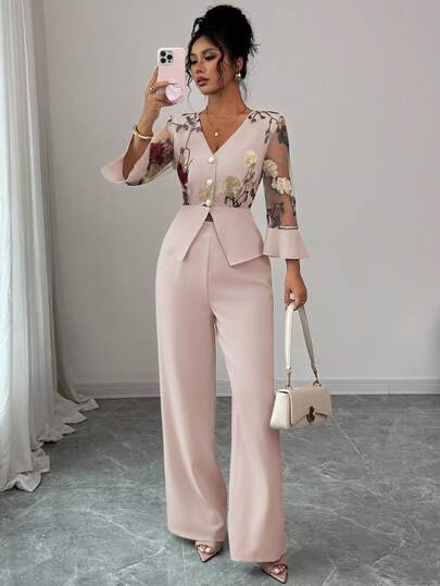 Rafferiza Women's Elegant 2 Pieces Set With Mesh Embroidery Patchwork Elbow Sleeve, Apricot Color