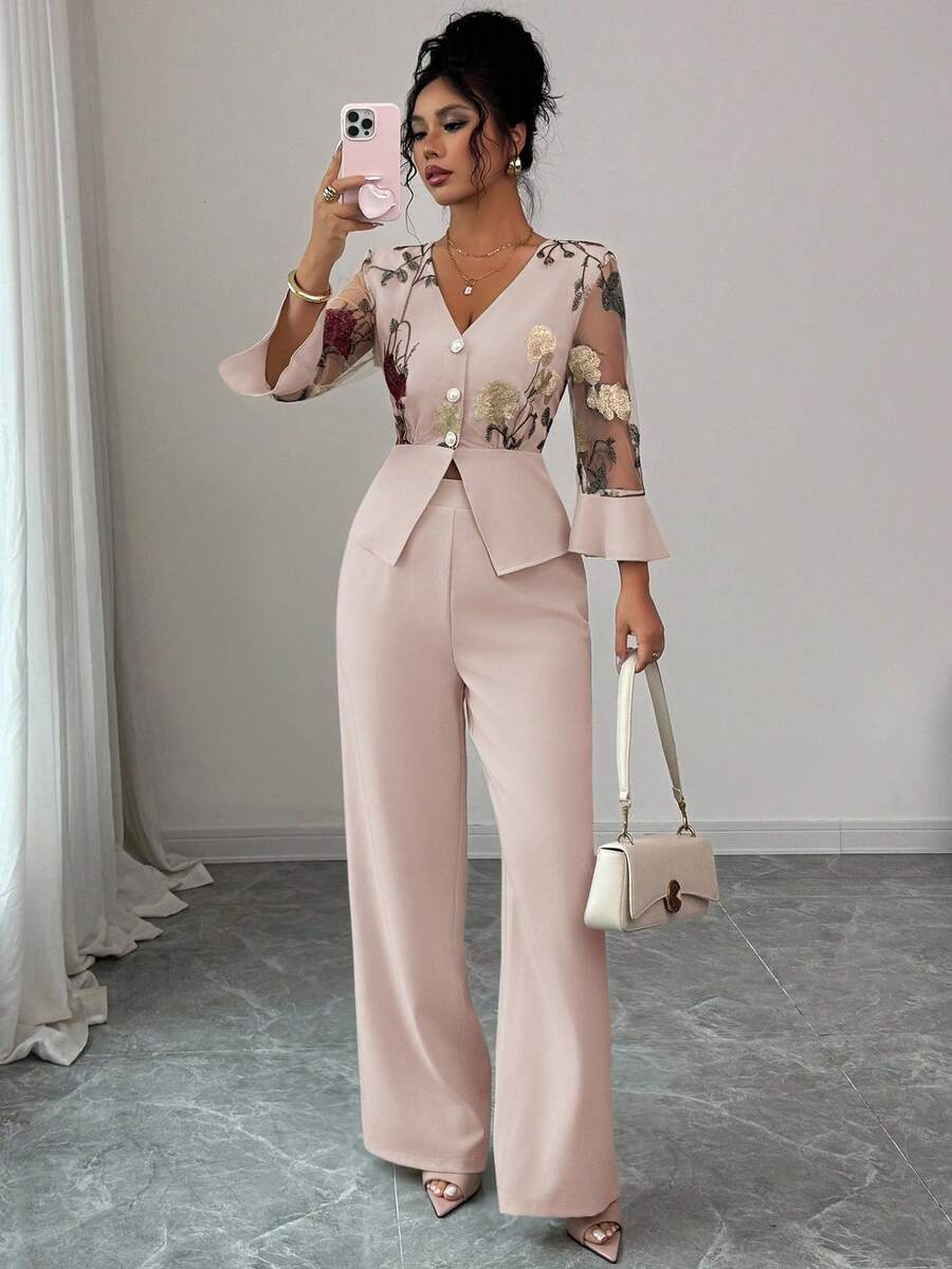 Rafferiza Women's Elegant 2 Pieces Set With Mesh Embroidery Patchwork Elbow Sleeve, Apricot Color - Dusty Pink - View 1