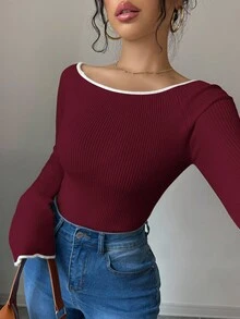 Elenzga 女式修身喇叭袖修剪时尚毛衣，秋季 - 酒紅色 - 查看 4