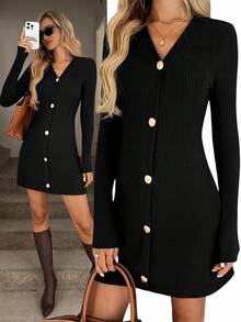 Easowa 休闲毛绒罗纹紧身 A 字长袖黑色迷你连衣裙，女士秋冬黑色罗纹连衣裙纽扣连衣裙长袖罗纹连衣裙女式罗纹连衣裙罗纹针织连衣裙女式黑色连衣裙