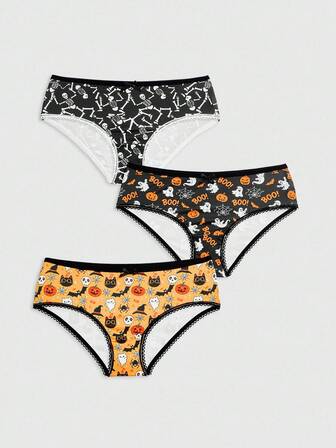 Kawaii 3 piezas Bragas cómodas para mujer con estampado de calabaza oscura, fantasma, esqueleto, gato negro, murciélago y telaraña de Halloween