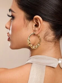 SHEIN Women's Fashionable Gold Rhinestone Copper Hoop Earrings, Suitable As Gift For Mom Or Girlfriend - Gold - View 2