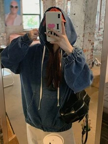 DAZY 女款純色口袋連帽休閒長袖牛仔襯衫校園風 - 藍色 - 查看 8
