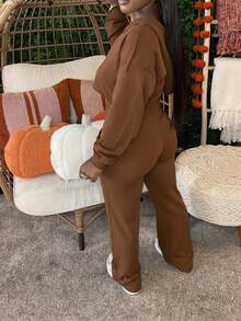 SHEIN Women's Solid Color Long Sleeve Zip-Up Hoodie And Drawstring Waist Pocket Sweatpants Casual 2 Pieces Set - Coffee Brown - View 2