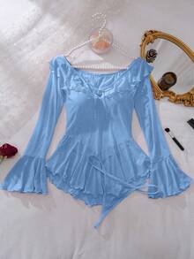 SHEIN 2件套浪漫露肩网眼拼布长袖褶皱睡袍 - 淺藍色 - 查看 3