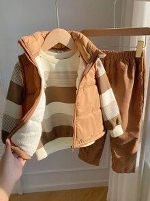 SHEIN Conjunto de 3 piezas para niños pequeños de otoño/invierno que incluye: chaleco acolchado versátil y casual, sudadera a rayas y pantalón largo. Conjunto de pantalón de pana para niños pequeños, conjunto de pana para niños en otoño. - Multicolor - Ver 8