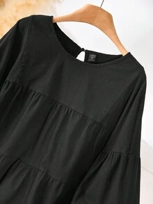CosyJoli 大码休闲喇叭A字宽松圆领衬衫可爱黑色上衣灯笼袖衬衫多层袖上衣黑色娃娃装上衣黑色多层上衣喇叭袖上衣 - 黑色 - 查看 4