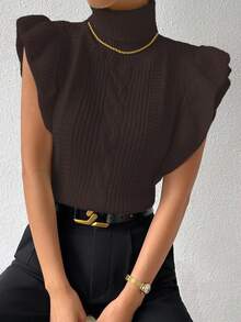 Chiquease Women's Solid Color High Collar Cap Sleeve Knit Casual Pullover Sweater Vest - Coffee Brown - View 7