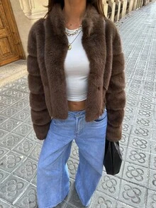Aloruh Short Faux Fur Collar Coat, Autumn/Winter New Arrival,Brown Coat,Chic,Elegant,Going Out,New Year, Fall,Coffee Color Faux Fur Coats,Business Commuting,Casual,Old Money Style - Brown - View 7