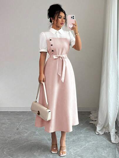 Elenzga Vestido midi con cuello de camisa de color block elegante y romántico para vacaciones y viajes de oficina para mujeres