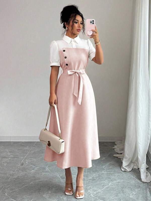 Elenzga 女士优雅浪漫度假和办公室通勤拼色衬衫领中长连衣裙