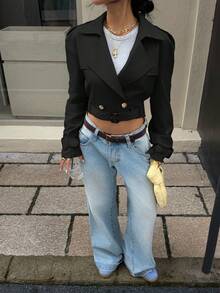 SHEIN EZwear 休闲街头风格杏色女式短款风衣 - 黑色 - 查看 3