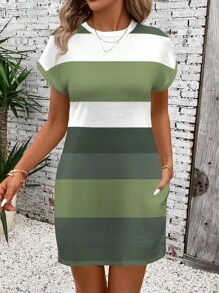 SHEIN LUNE Women's Casual Striped Color-Block Pattern Round Neck Midi Dress, ,Summer Dresses For Women Chic Dress